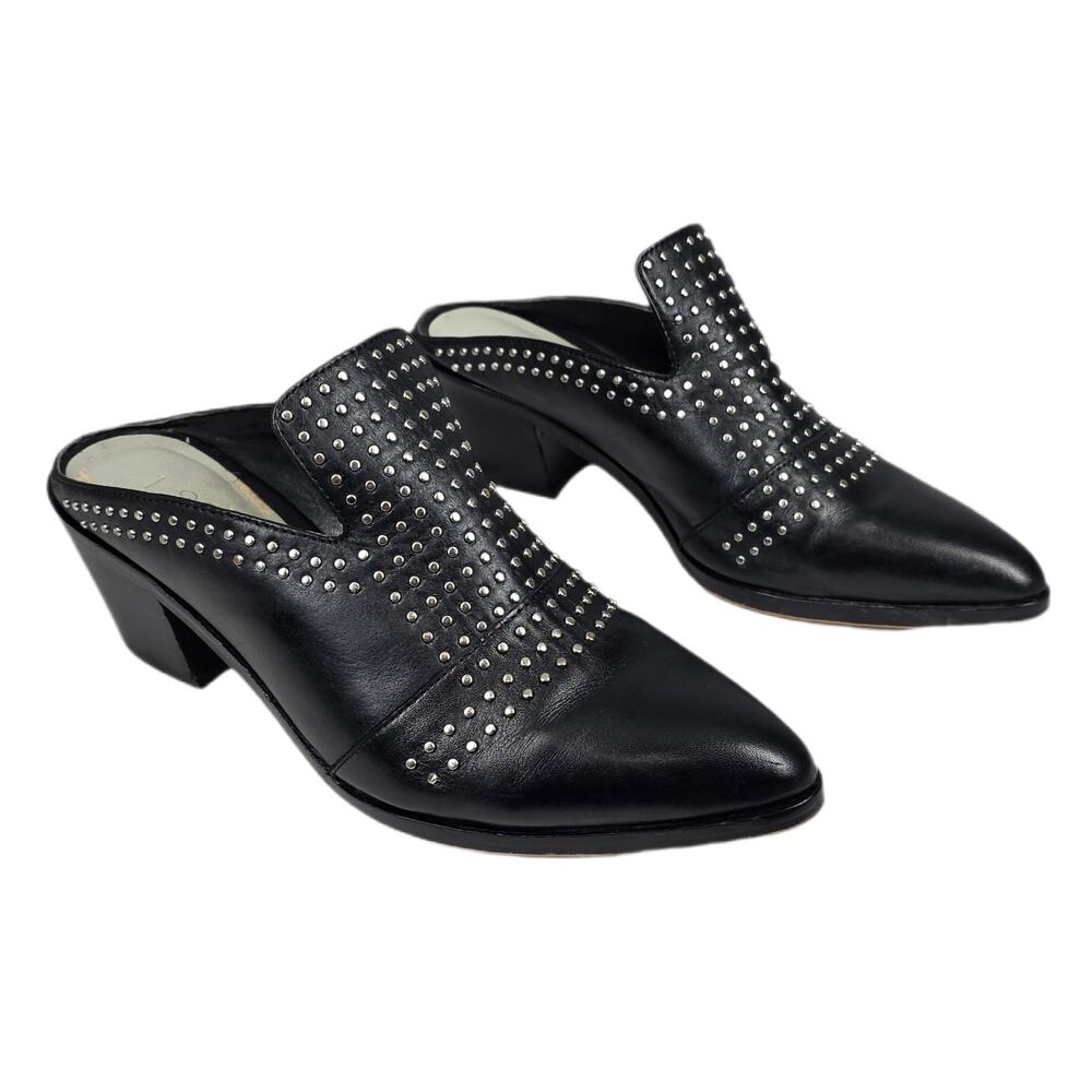 1.STATE WOMEN’S LEATHER STUDDED POINTED TOE MULES – BLACK – SIZE 6.5M – 2" HEEL